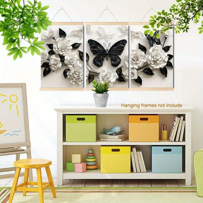 3 Pieces Set Of Framed Wall Art Canvas Prints Featuring A Black Butterfly And White Roses - Perfect For Home, Office, Living Room, Or Bedroom--Selling On Temu Is Prohibited - Image 3