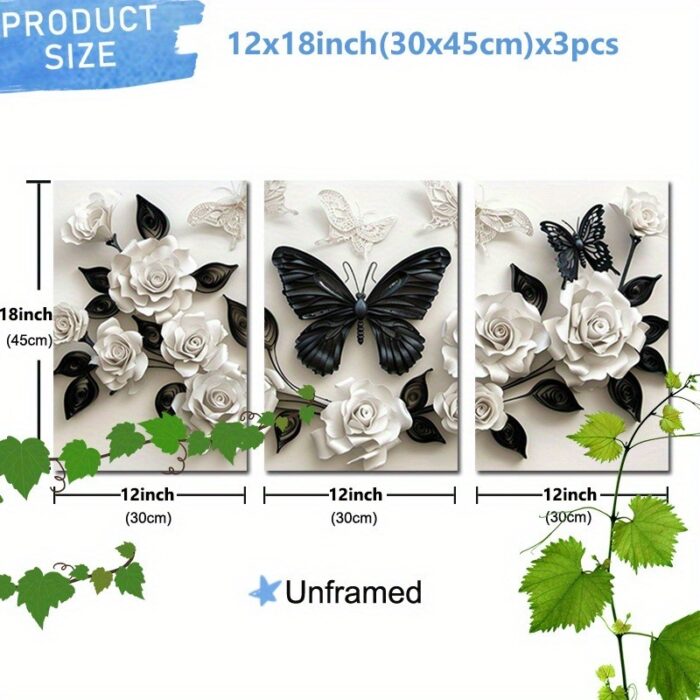 3 Pieces Set Of Framed Wall Art Canvas Prints Featuring A Black Butterfly And White Roses - Perfect For Home, Office, Living Room, Or Bedroom--Selling On Temu Is Prohibited - Image 4
