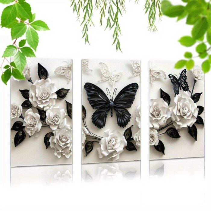 3 Pieces Set Of Framed Wall Art Canvas Prints Featuring A Black Butterfly And White Roses - Perfect For Home, Office, Living Room, Or Bedroom--Selling On Temu Is Prohibited - Image 1
